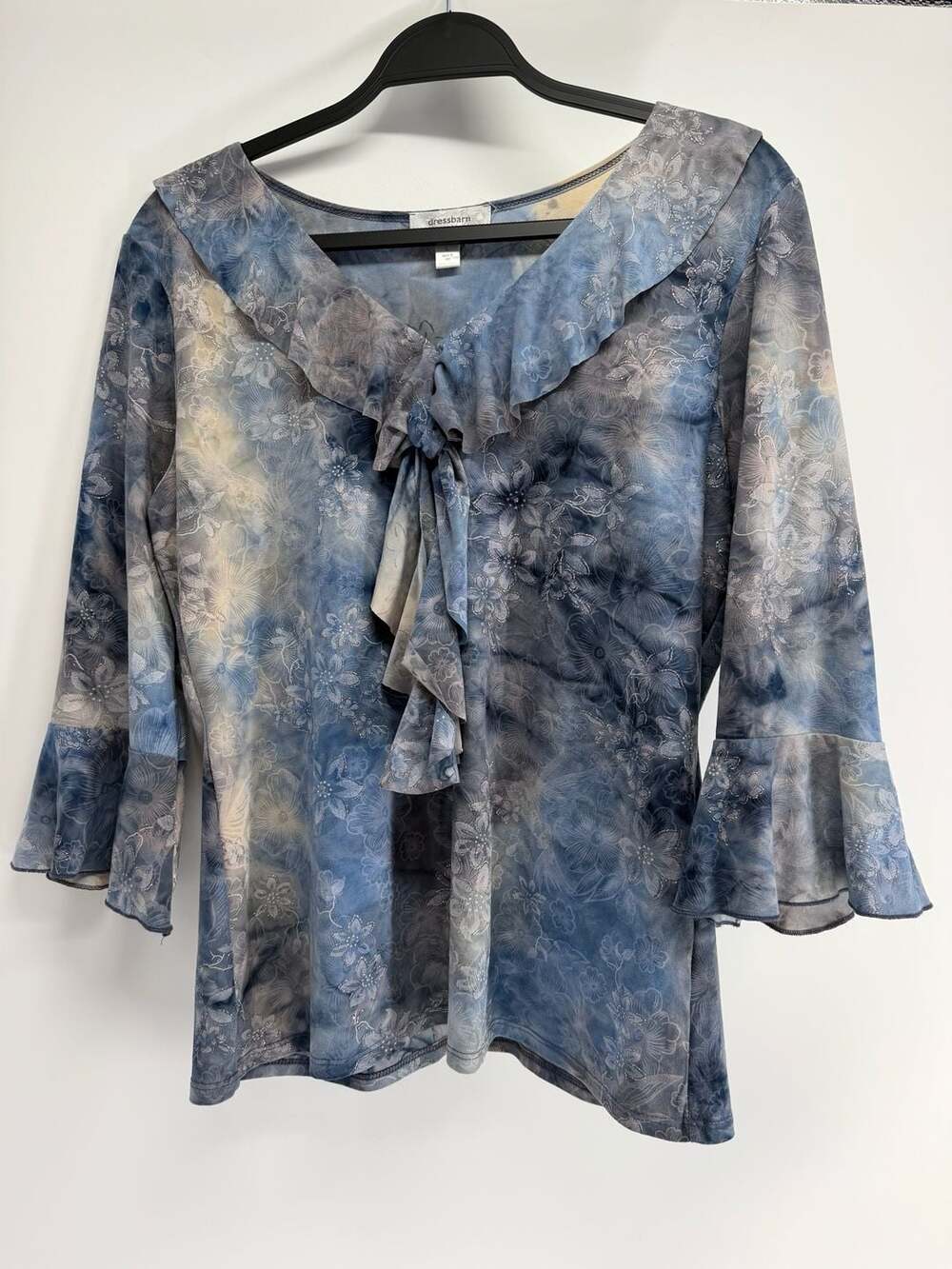 Dressbarn Size L Blue Floral Ruffle Bell Sleeve Blouse Y2K Whimsigoth